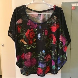 H&M Floral Top with Flowy Sleeves and Lace Detail